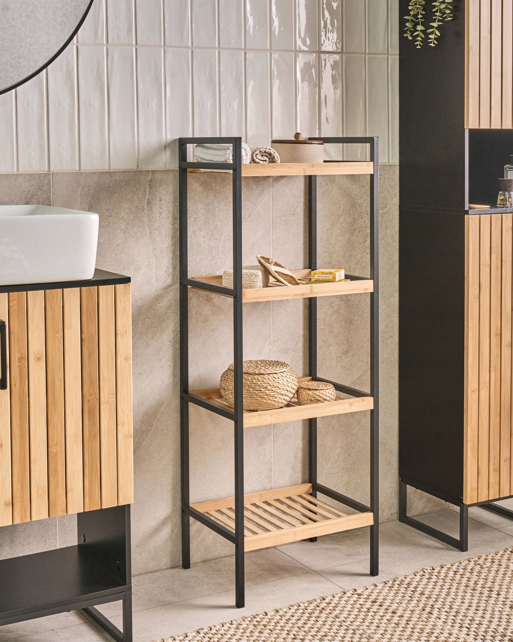 Bathroom shelving unit steel black frame bamboo shelves light brown Packaging status original