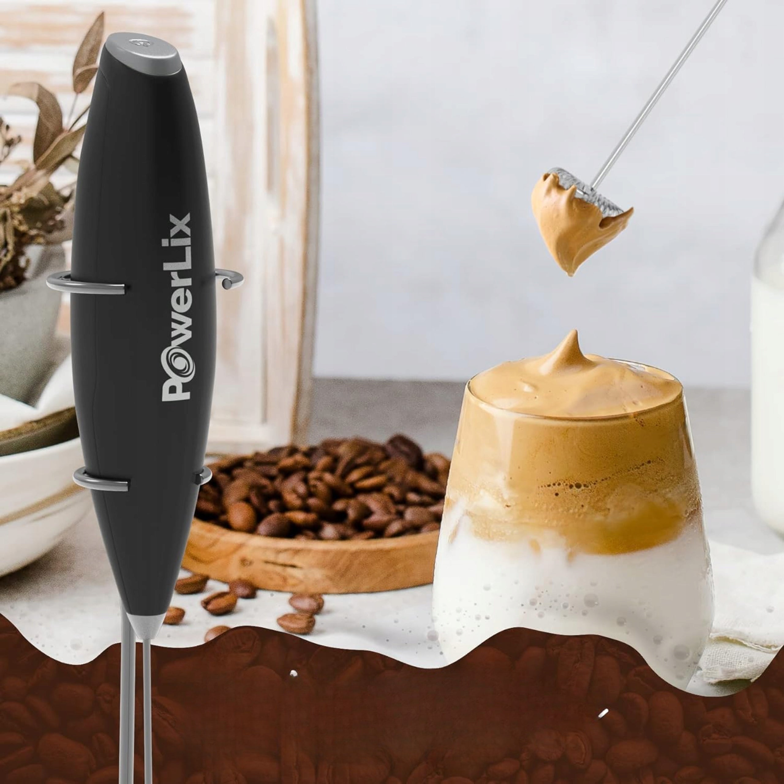Battery Operated Handheld Milk Foamer Stainless Steel with Latte Stand Packaging status original