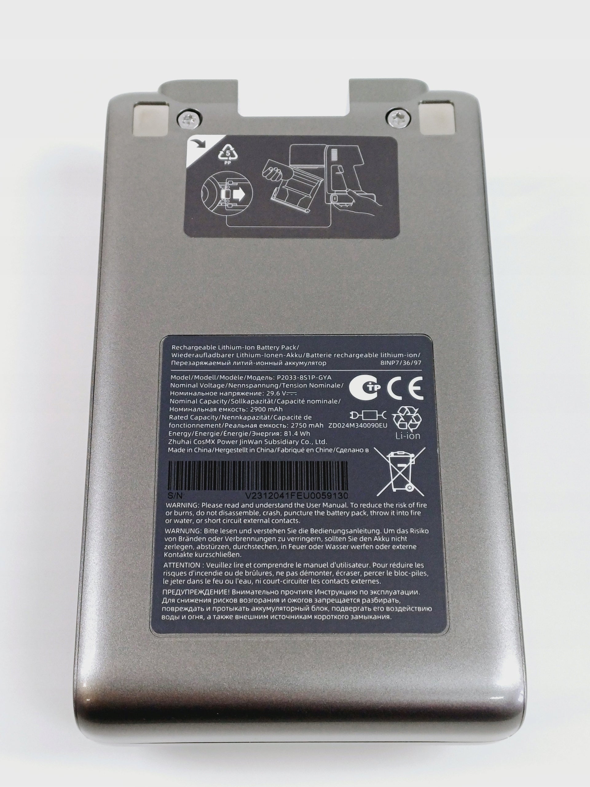 Battery battery for vacuum cleaner DREAME R20 / R20 Aqua P2033-8S1P-GYA Manufacturer code P2033-8S1P-GYA