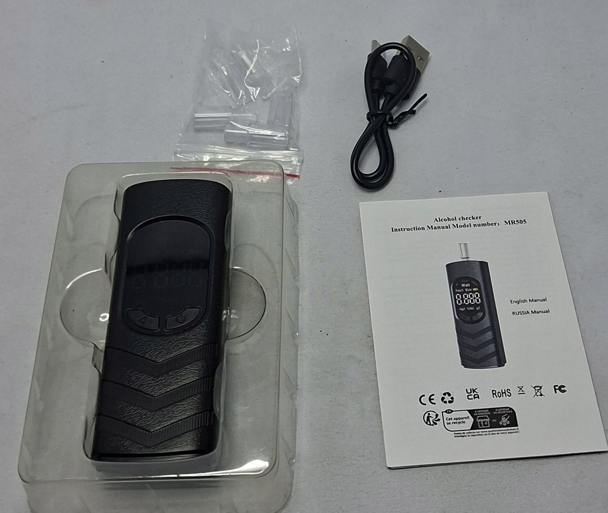 Battery black electrochemical breathalyzer with 5 mouthpieces MR505