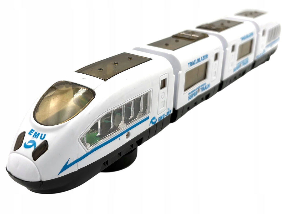 Battery-operated pendolino train driving glowing toy locomotive sounds. Color white