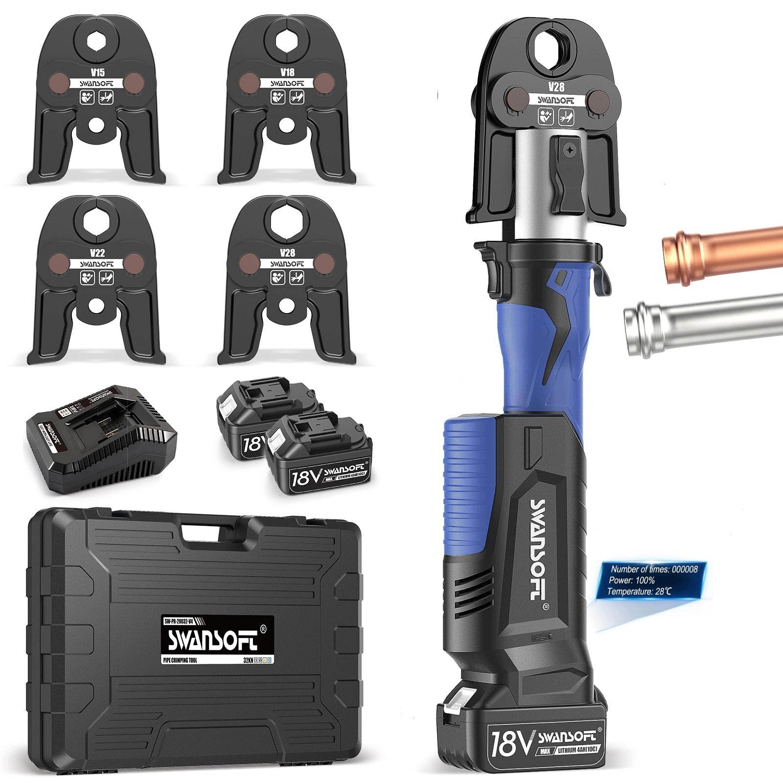 Battery-powered pipe crimper 32KN, hydraulic copper pipe press V15/18/22/28