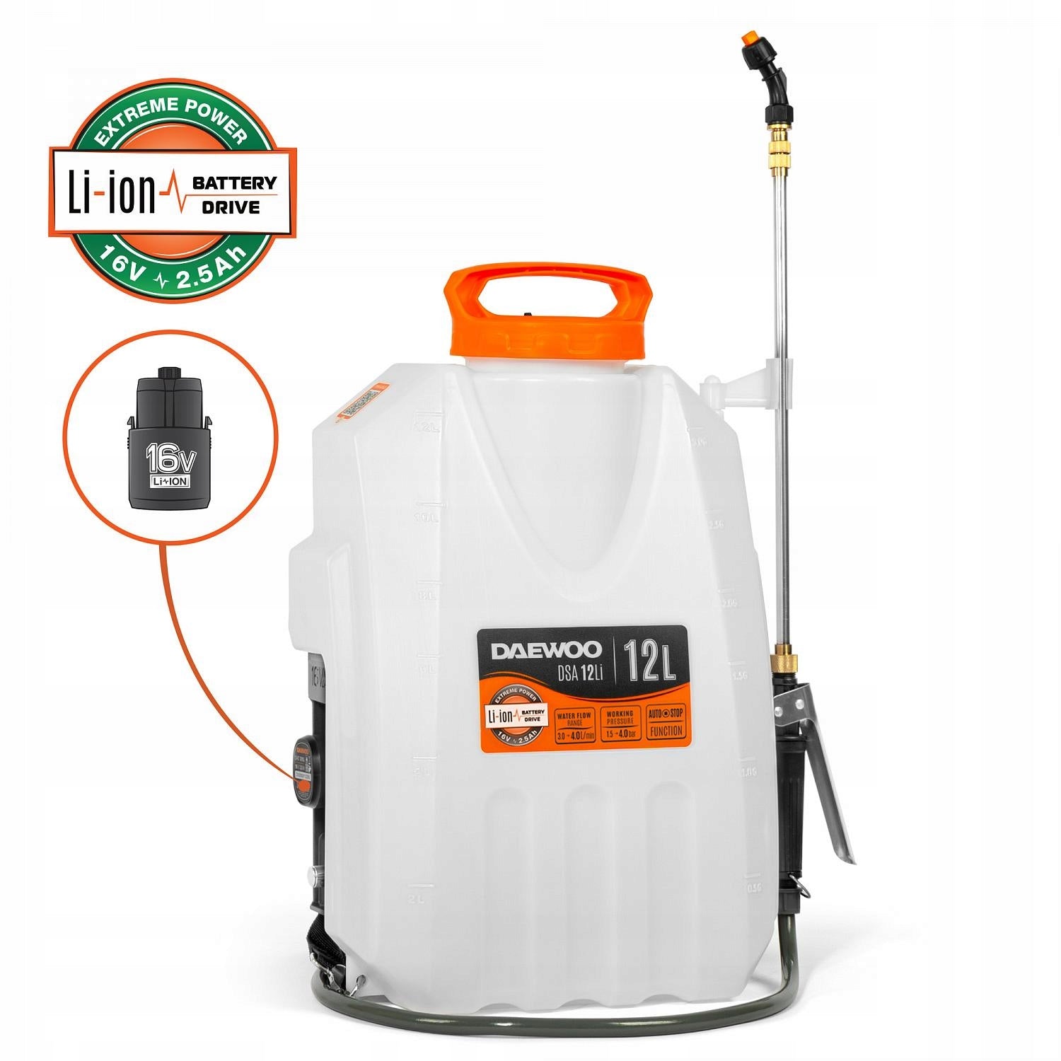 Battery sprayer DAEWOO DSA 12Li SET 12 V, 6 Ah, 1,5-4 bar,