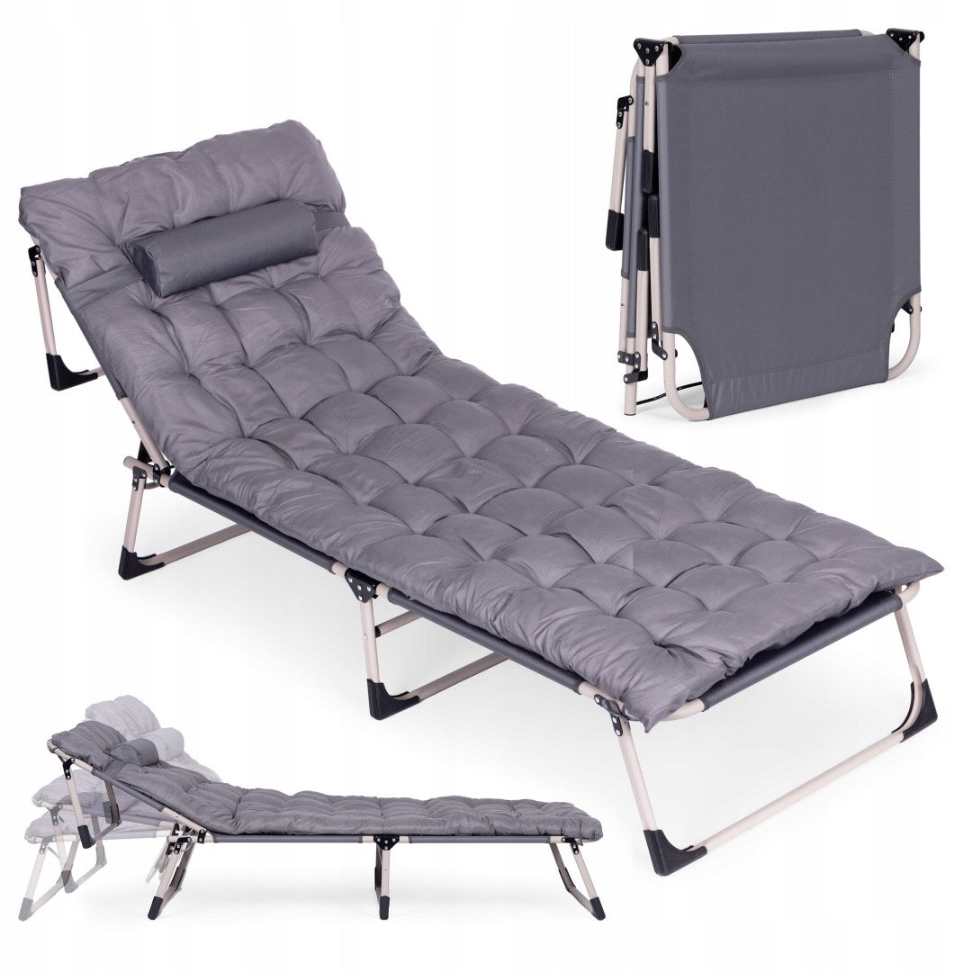 Beach Garden Sun Lounger Folding Couch Armchair With Mattress And Pillow Grey Packaging status original