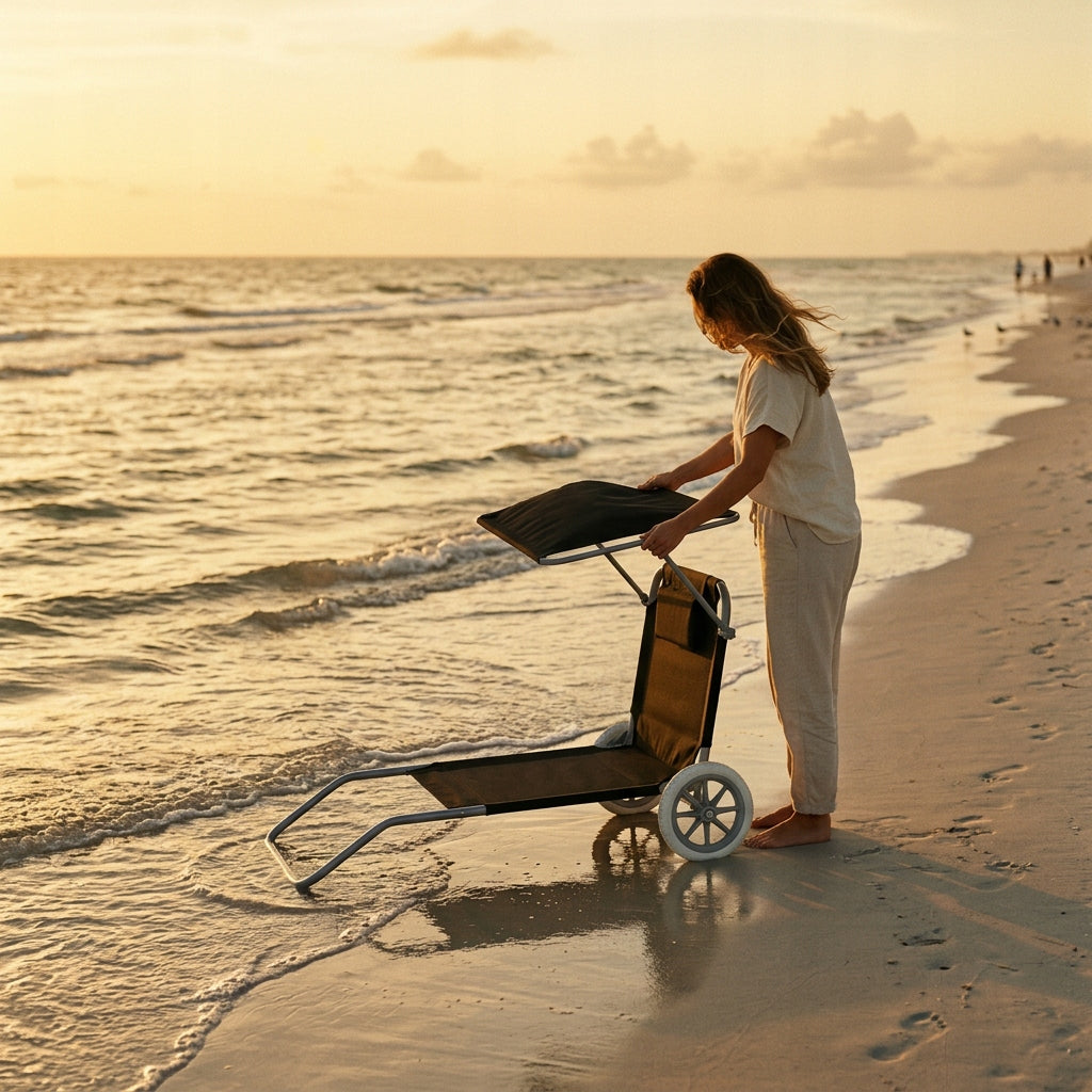 Beach Lounger 2in1 BLACK Trolley with Canopy Wheels Cushion YS-34 Color black
