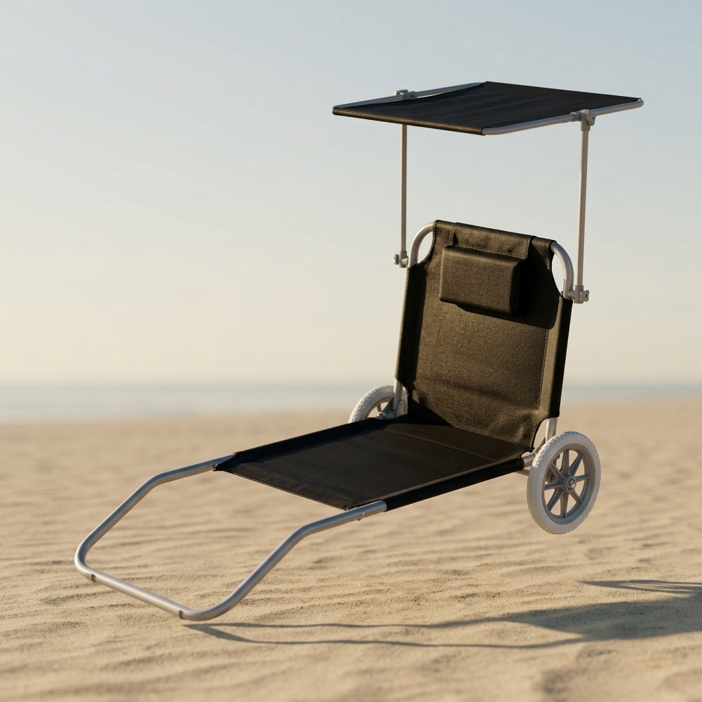 Beach Lounger 2in1 BLACK Trolley with Canopy Wheels Cushion YS-34 Frame material synthetic material