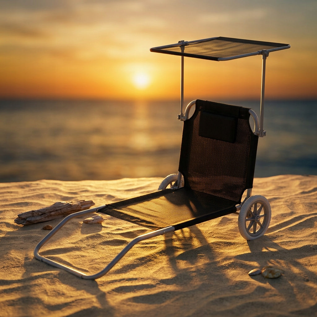 Beach Lounger 2in1 BLACK Trolley with Canopy Wheels Cushion YS-34 Manufacturer code IdealGarden
