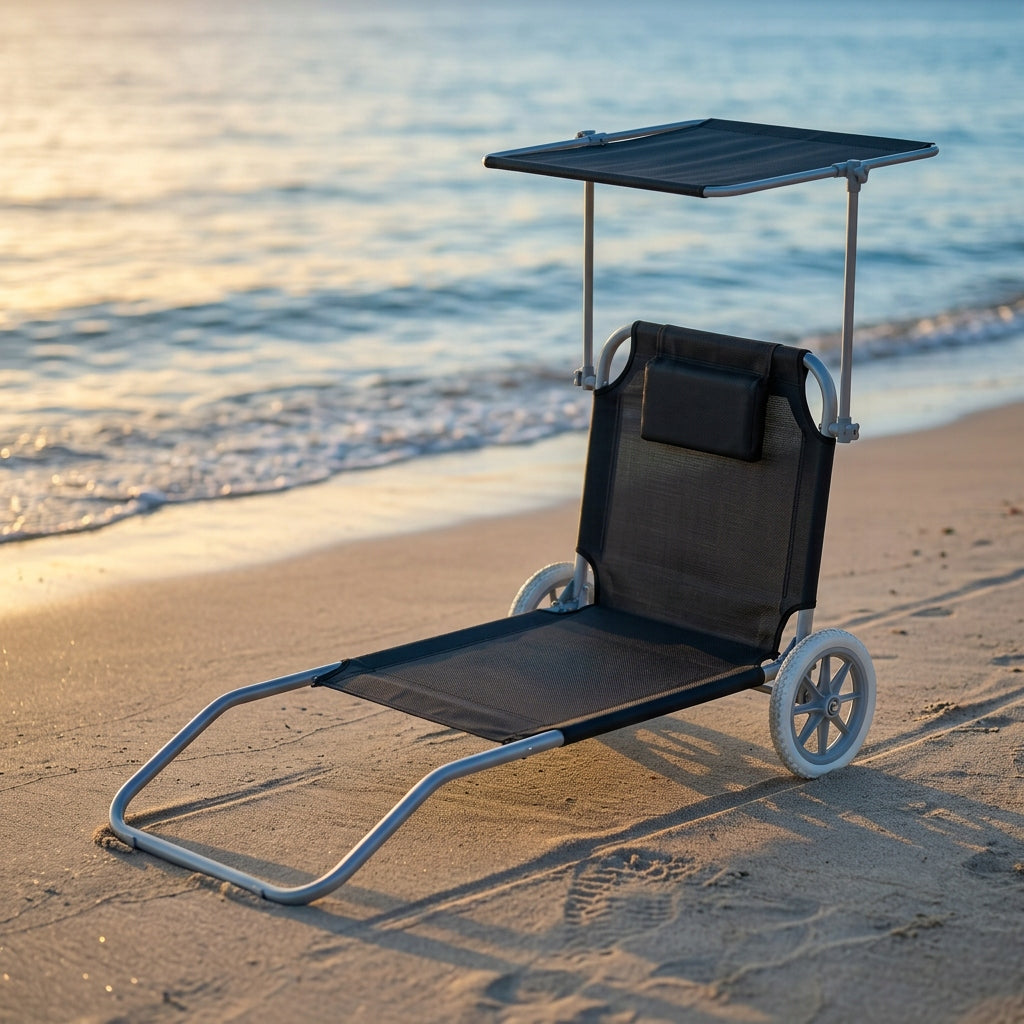 Beach Lounger 2in1 BLACK Trolley with Canopy Wheels Cushion YS-34 Model YS-34