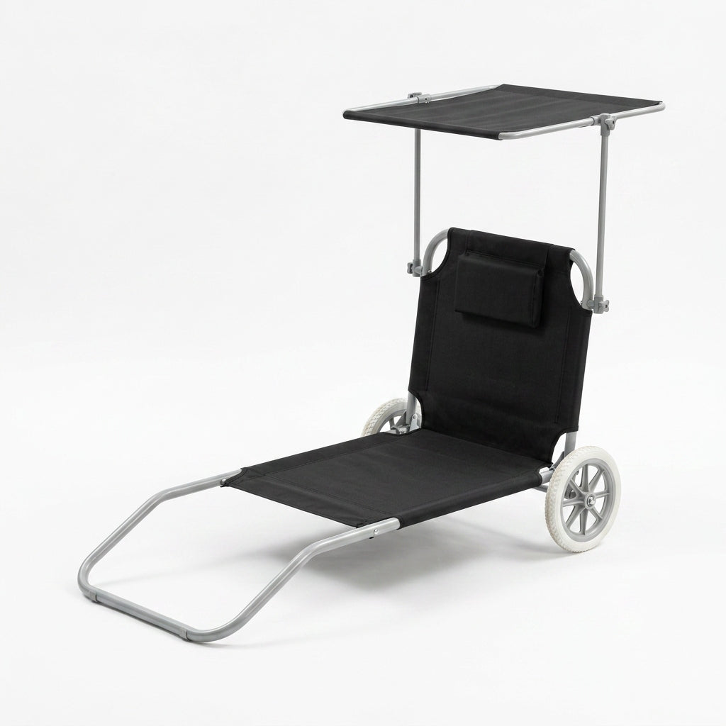 Beach Lounger 2in1 BLACK Trolley with Canopy Wheels Cushion YS-34 Packaging status original