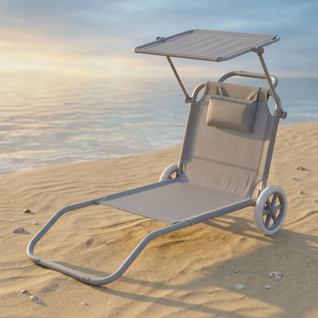 Beach Lounger 2in1 LIGHT GREY Trolley with Canopy Wheels Cushion YS-34 Color gray