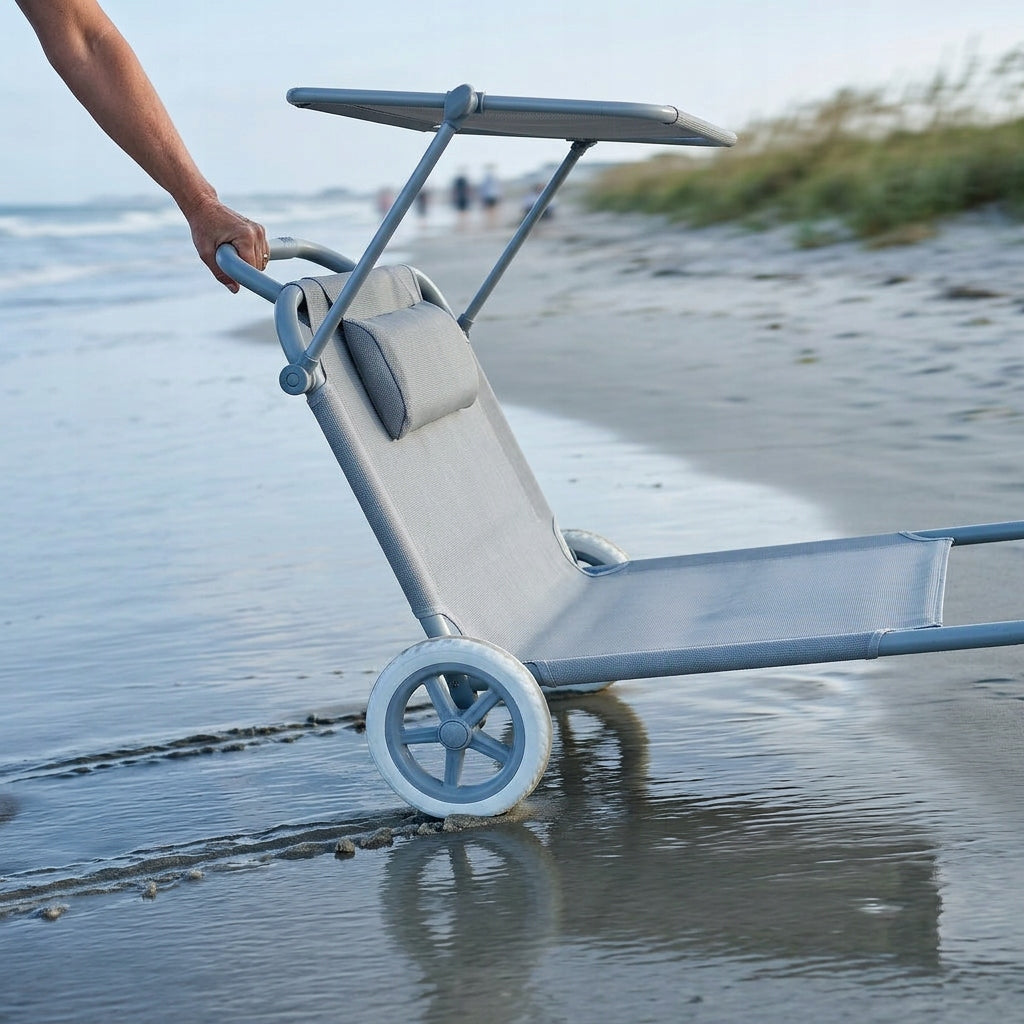 Beach Lounger 2in1 LIGHT GREY Trolley with Canopy Wheels Cushion YS-34 Model YS-34
