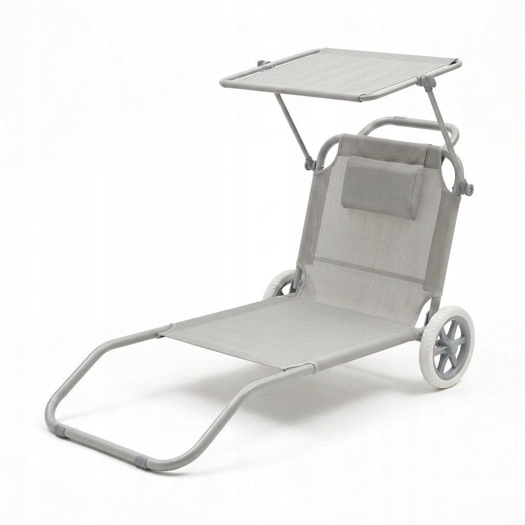 Beach Lounger 2in1 LIGHT GREY Trolley with Canopy Wheels Cushion YS-34 Packaging status original