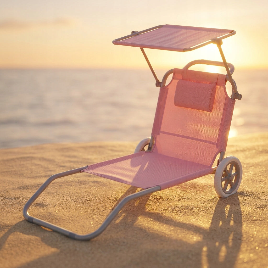Beach Lounger 2in1 PINK Trolley with Canopy Wheels Cushion YS-34 Brand IDEAL