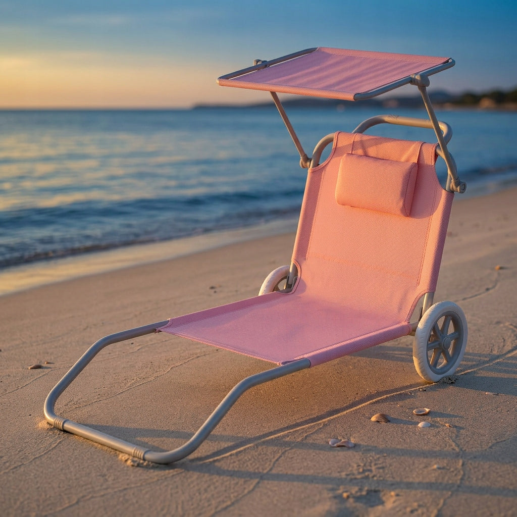 Beach Lounger 2in1 PINK Trolley with Canopy Wheels Cushion YS-34 Color pink