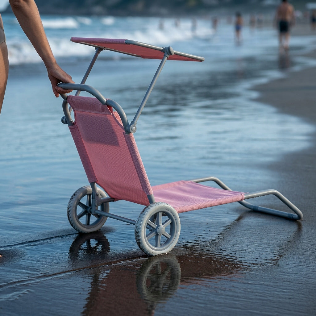Beach Lounger 2in1 PINK Trolley with Canopy Wheels Cushion YS-34 Model YS-34