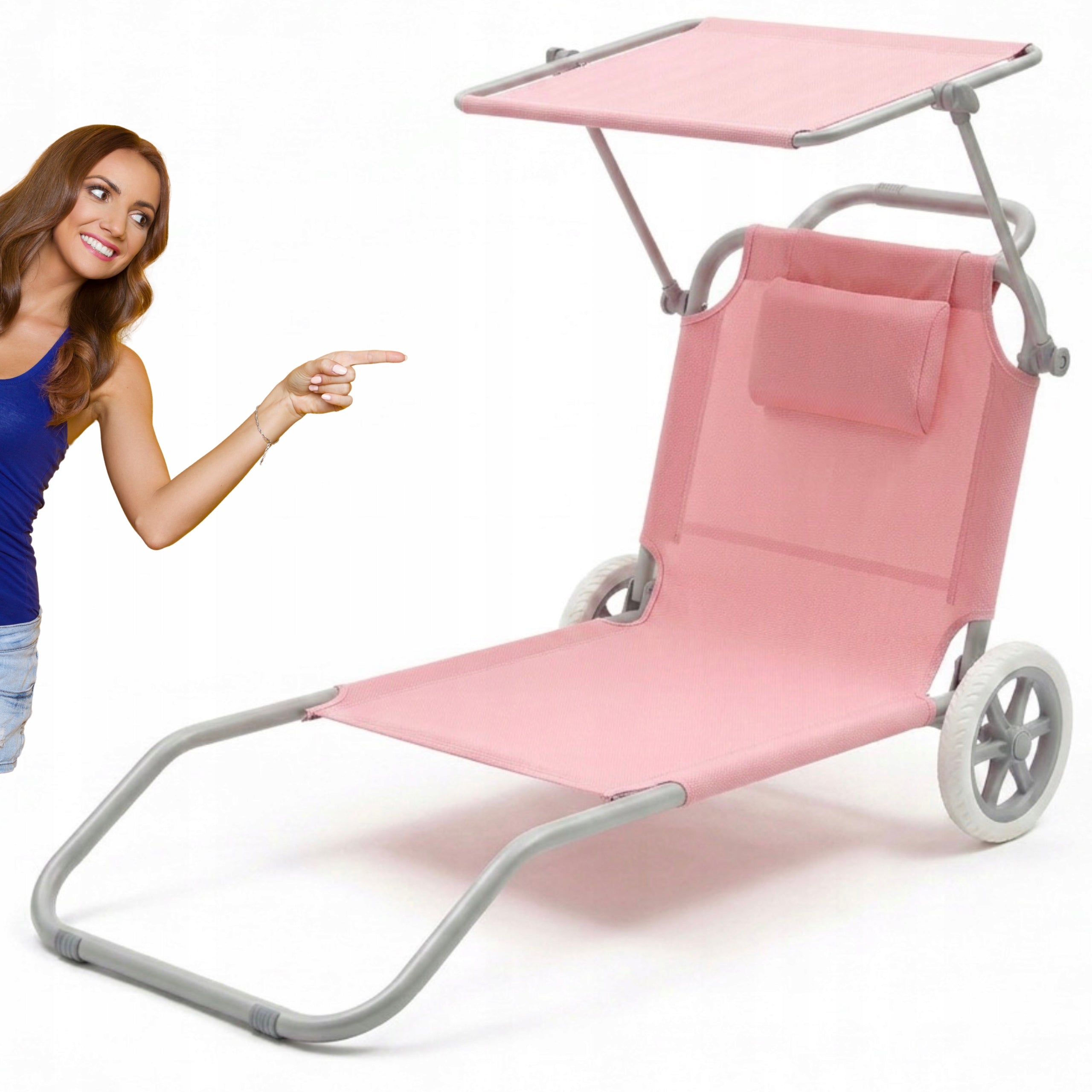 Beach Lounger 2in1 PINK Trolley with Canopy Wheels Cushion YS-34