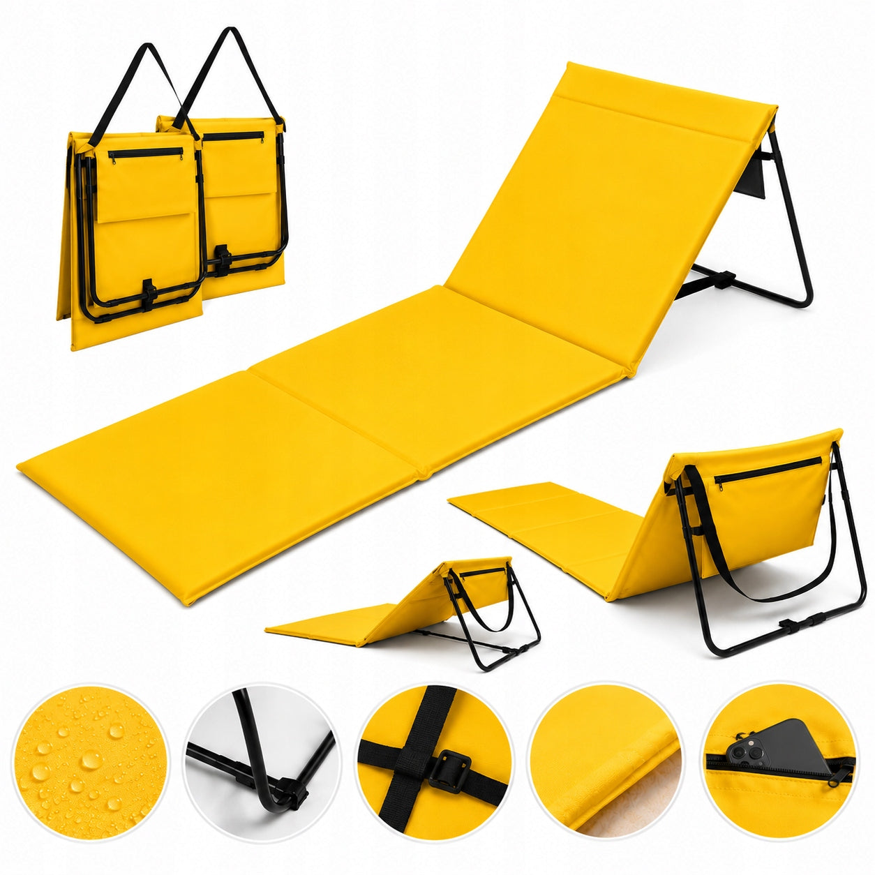 Beach Mat with Backrest Folding Beach Lounger Hiking Pocket Yellow