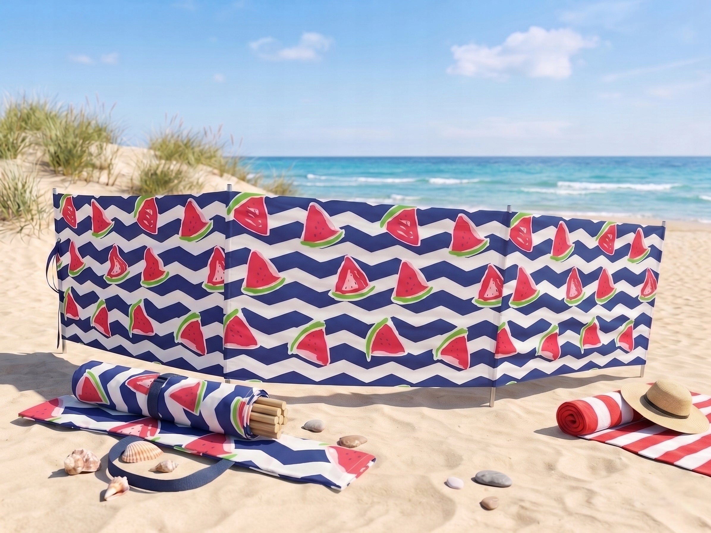 Beach Screen 5m Wooden Sticks + Cover with Handle Packaging status original