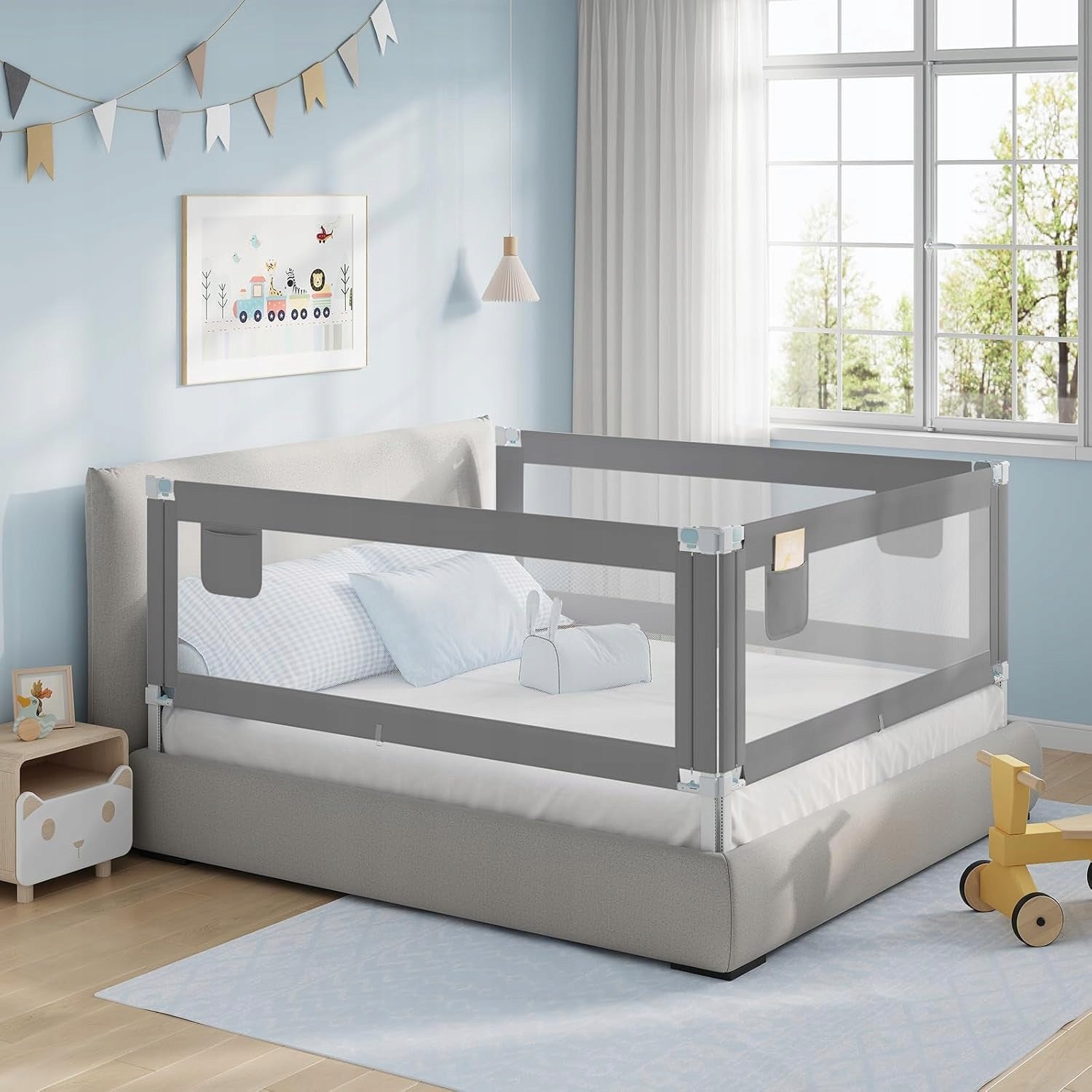 Bed gate Child protection barrier 200 cm Grey Brand Woltu