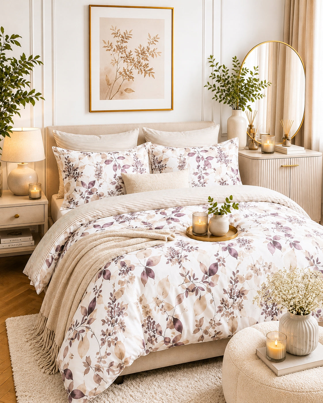 Bedding set 100% cotton Mengtianzi B-1700 white leaves 200x220 3el