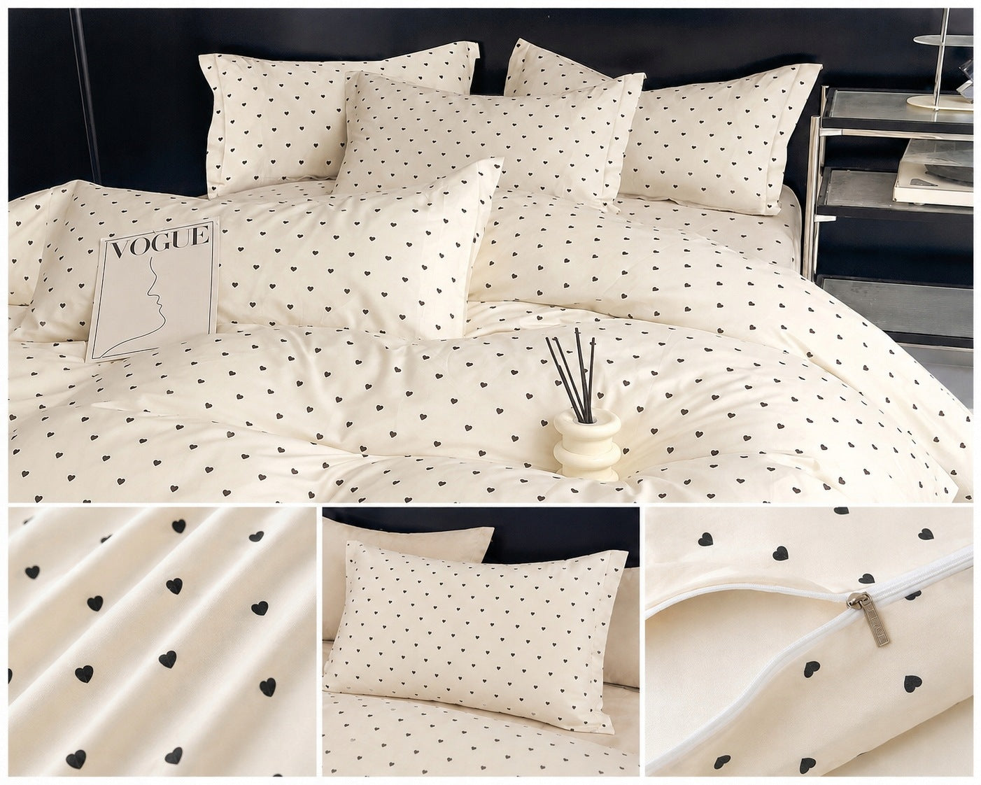 Bedding set 160x200, 100% cotton, cream with small dark hearts Packaging status original