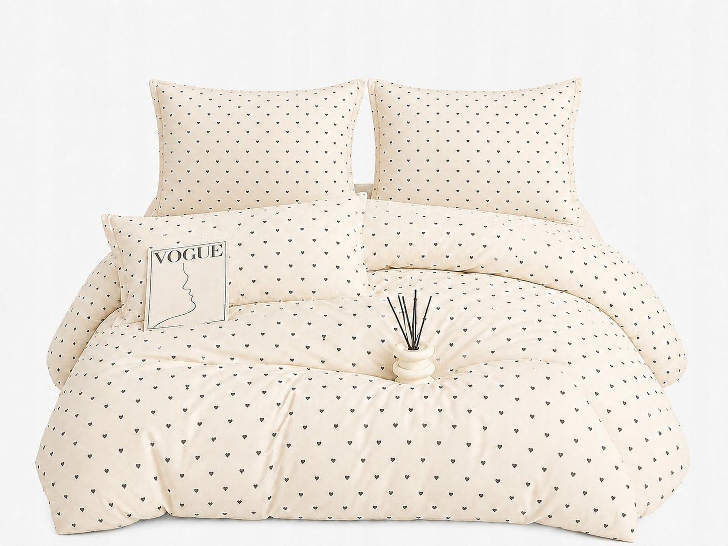 Bedding set 160x200, 100% cotton, cream with small dark hearts