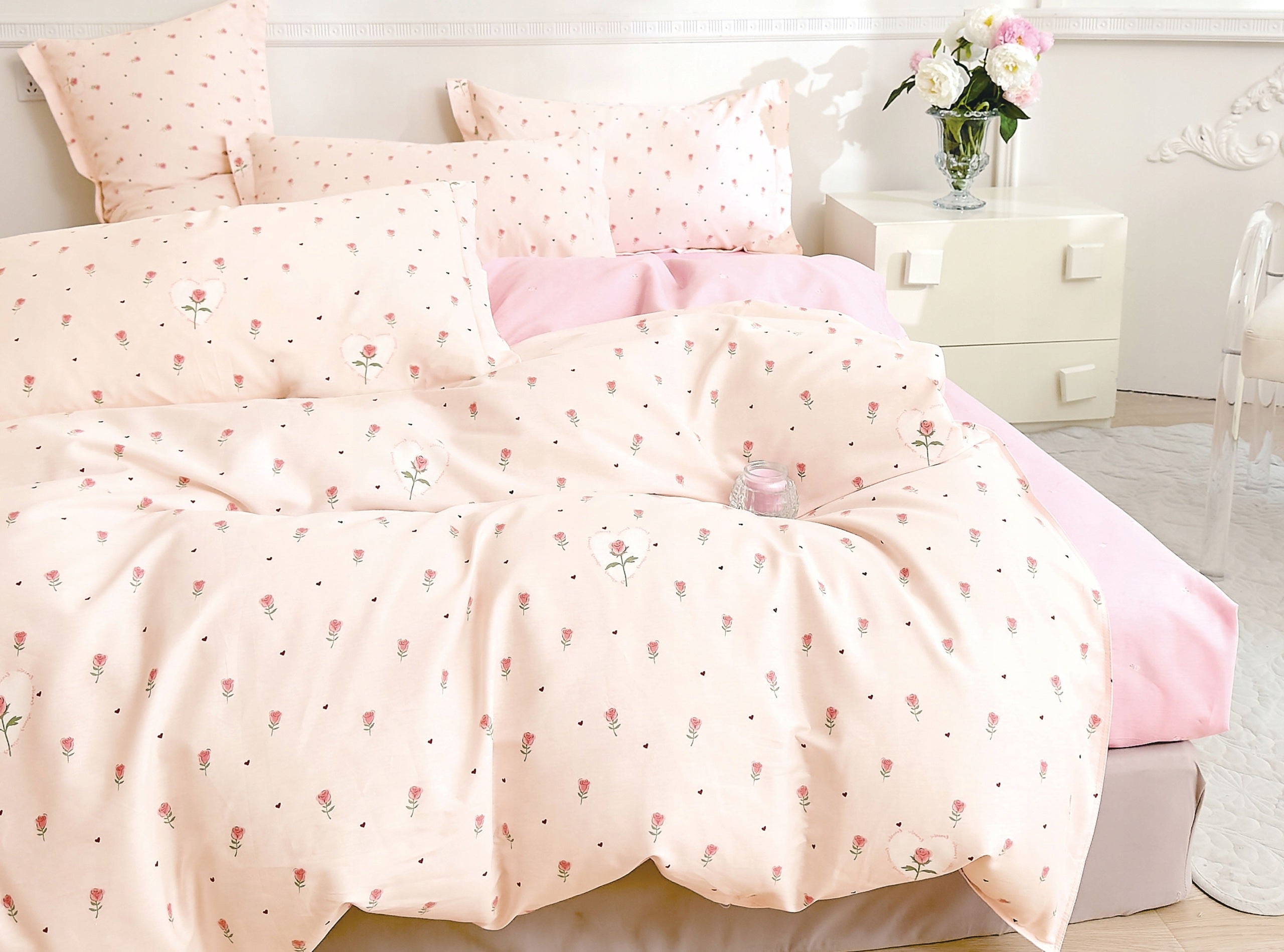 Bedding set 160x200 100% cotton pink with rose hearts Brand Collection World