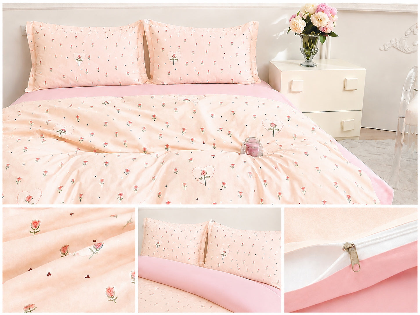 Bedding set 160x200 100% cotton pink with rose hearts Packaging status original