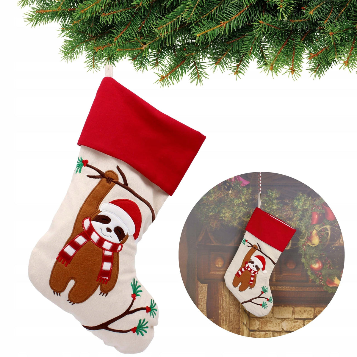 Beige, decorative Christmas sock, Sloth 45cm