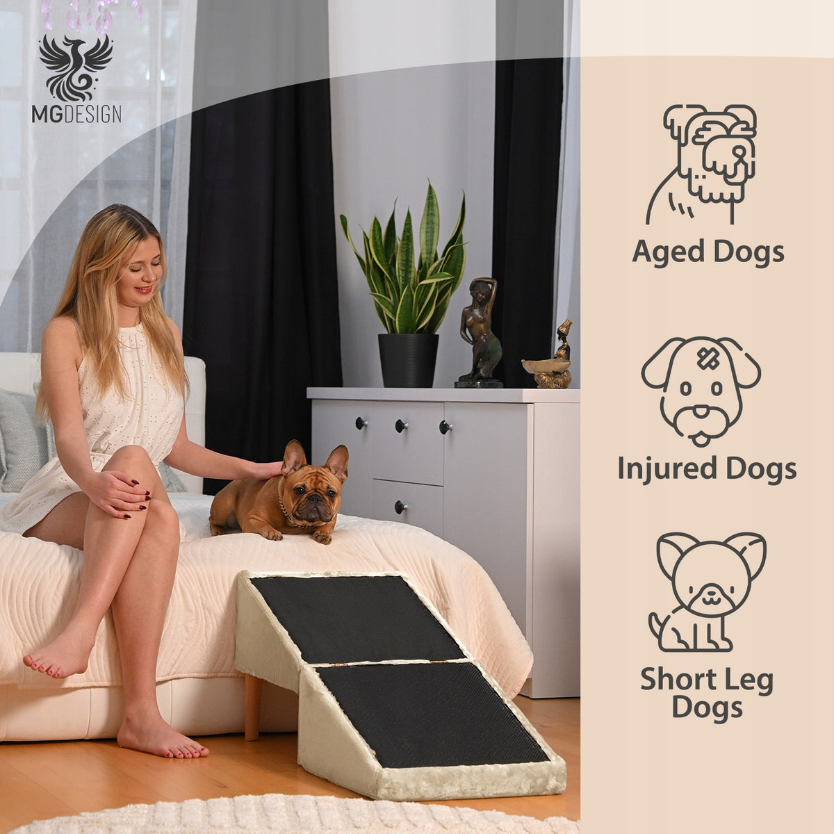 Beige stairs for dog, cat 2in1 - folding ramp, pouf, platform Maximum load 100 kg