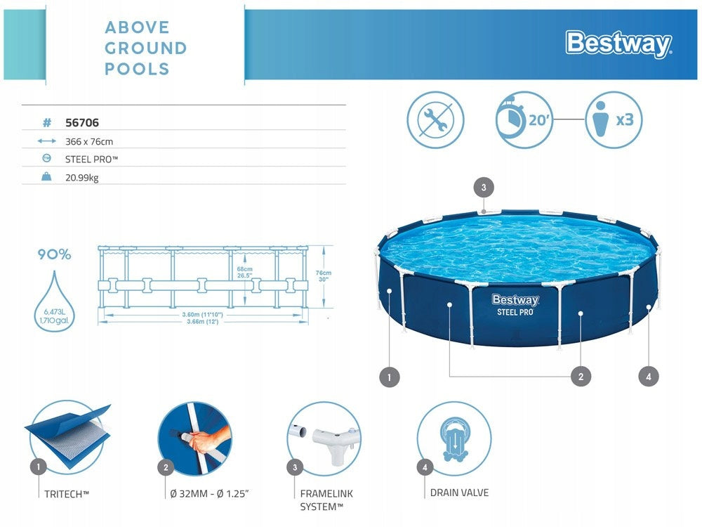 Bestway frame pool 366x76 cm 6,473L 56706 Manufacturer code 56706