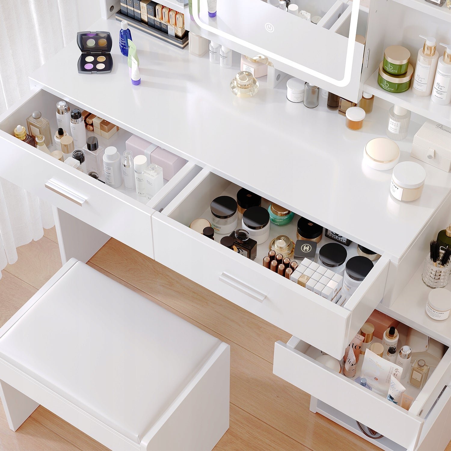 Biała toaletka z 6 półkami i 4 szufladami, lustro z ekranem dotykowym Furniture width 40 cm