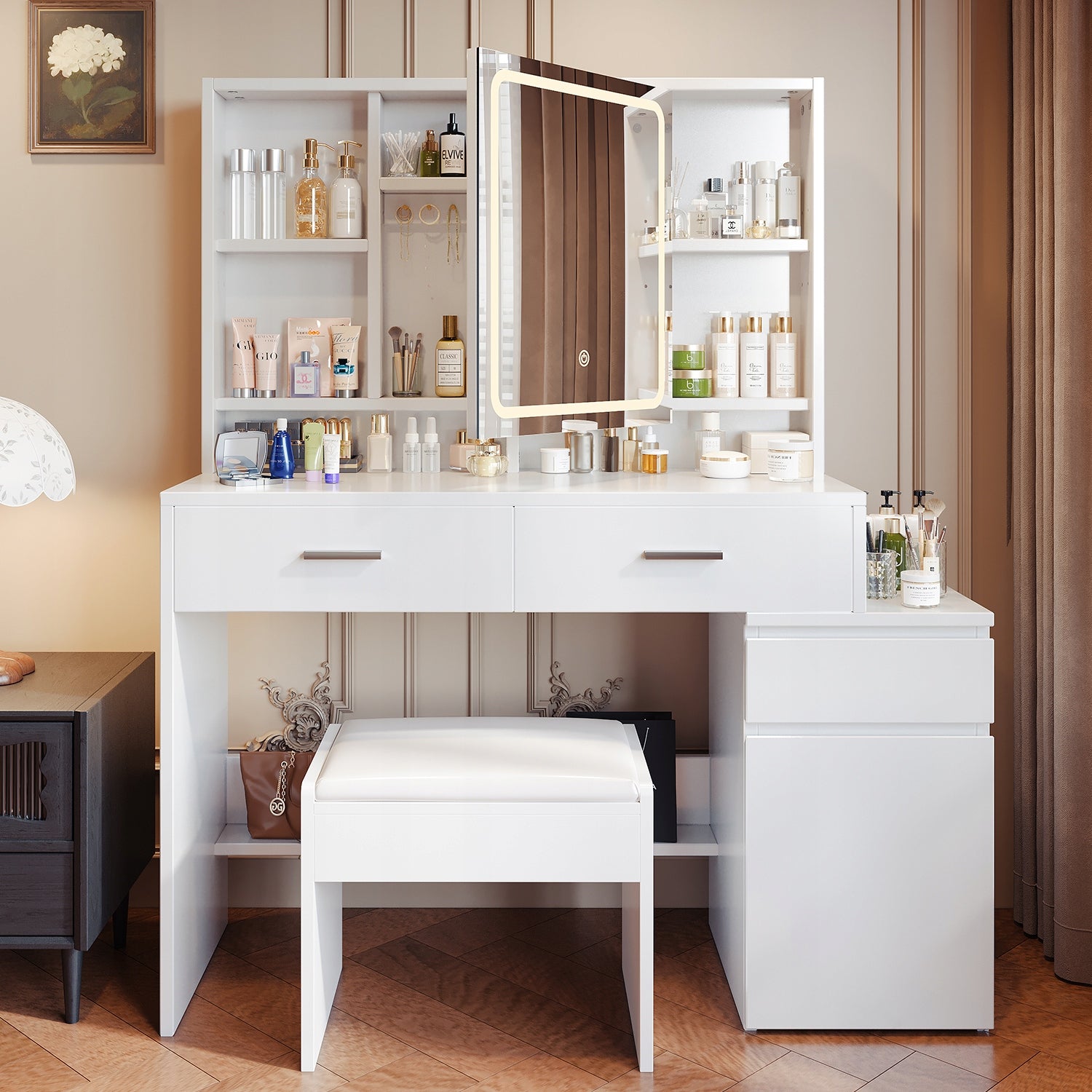 Biała toaletka z 6 półkami i 4 szufladami, lustro z ekranem dotykowym Manufacturer code G-VN24-0512-2-1,G-VN24-0512-2-2