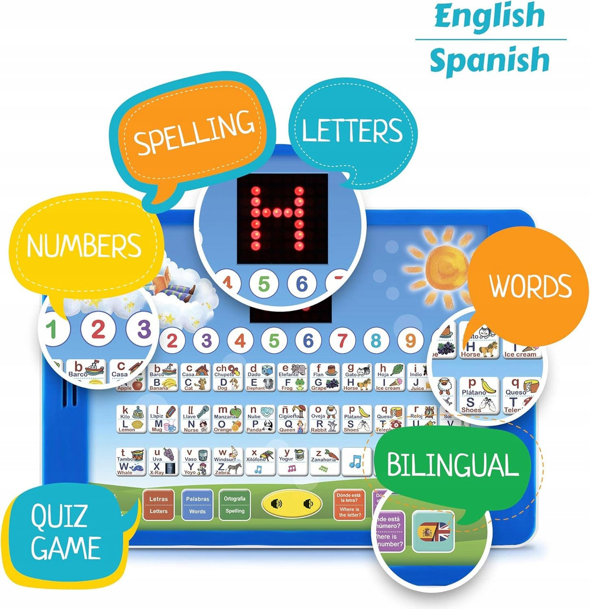 Bilingual educational tablet learning English Spanish for children 3 years Manufacturer code 5907076709668