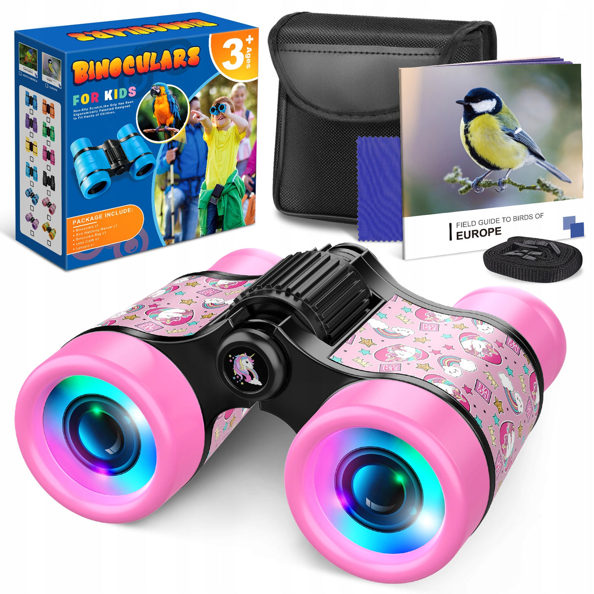 Binoculars for children, pink unicorn, 4x30 for bird watching