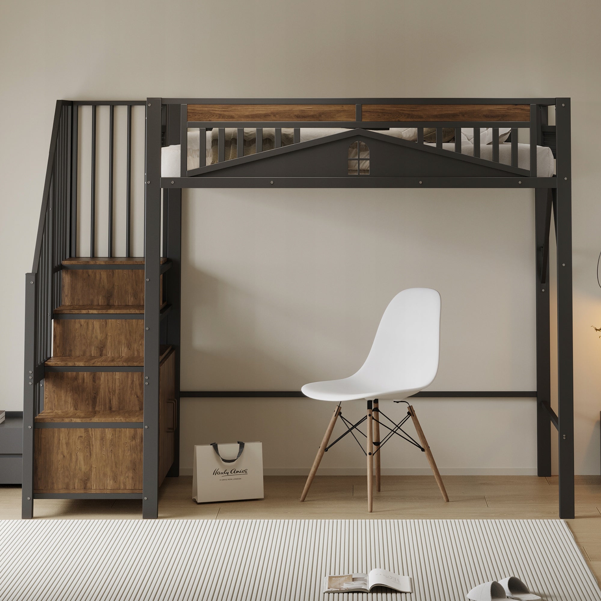 Black Metal Loft Bed 90 x 200 cm with Security Guardrail and Ladder Manufacturer code 421ORFRLDB00403AAB269