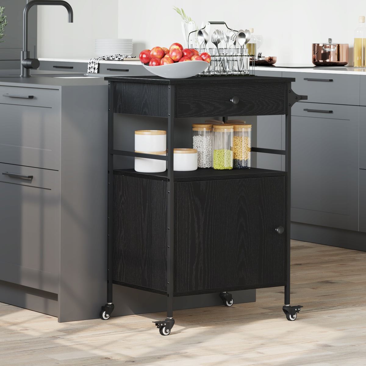 Black Oak Kitchen Trolley with Drawer and Cabinet, on Wheels
