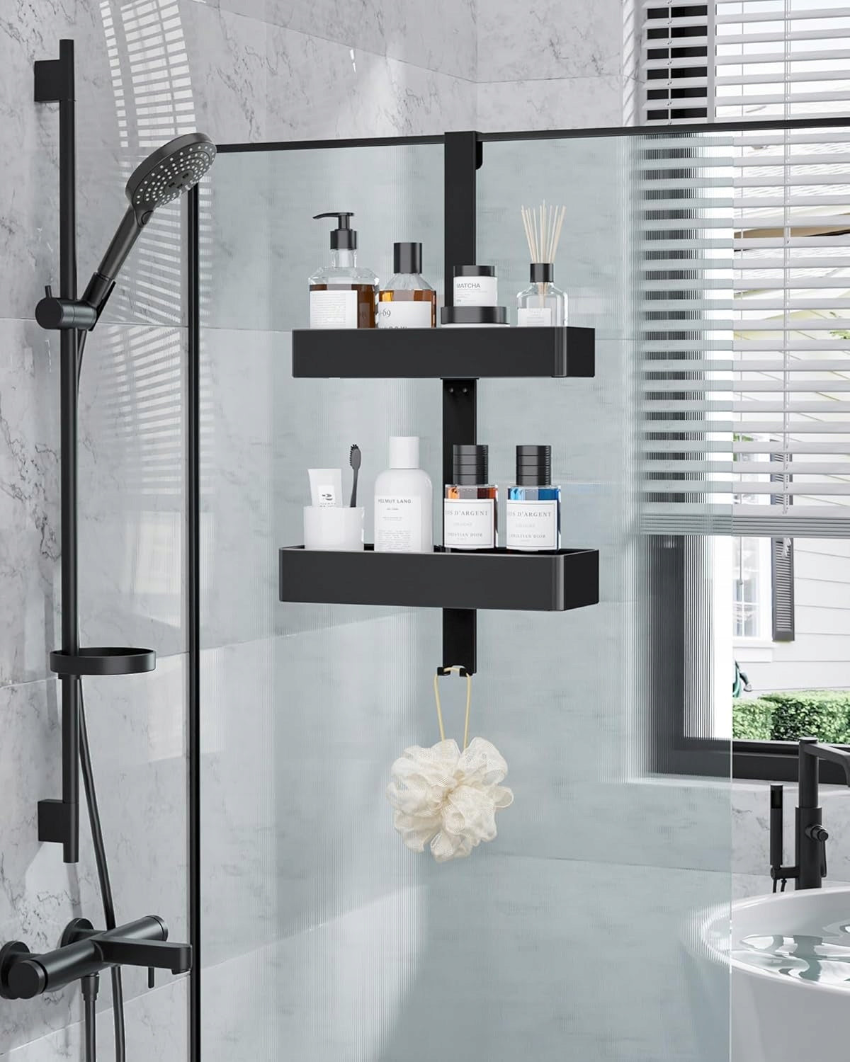 Black Shower Shelf with Hooks, Shower Organizer, for Window Manufacturer code B0F191Z6HM