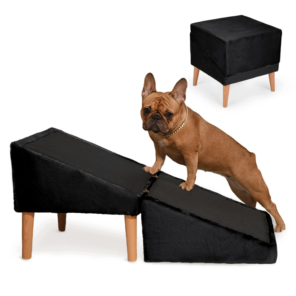 Black stairs for dog, cat 2in1 - folding ramp, pouf, platform