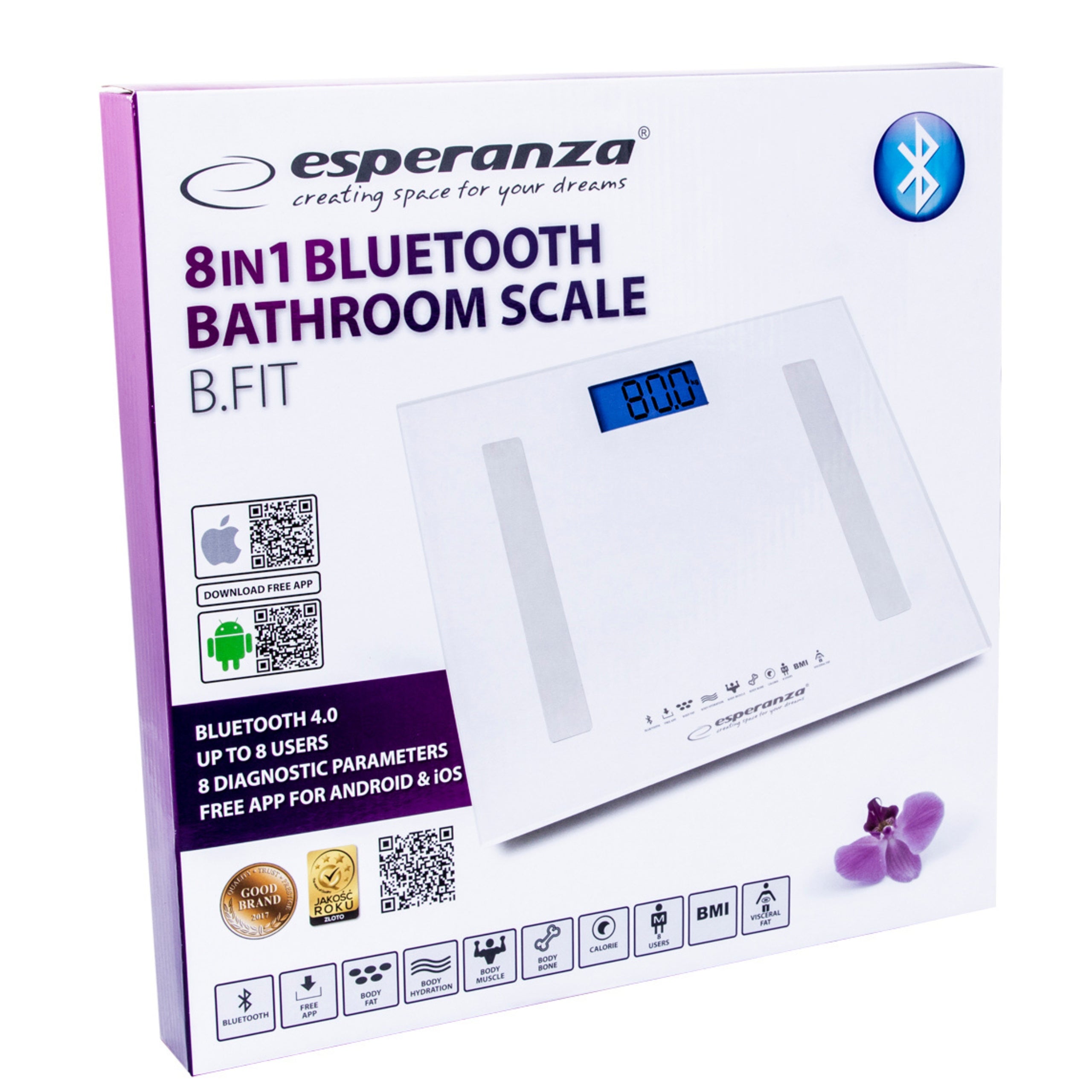 Bluetooth Analytical Bathroom Scale 8in1 180kg LCD Esperanza B.FIT White Brand Esperanza