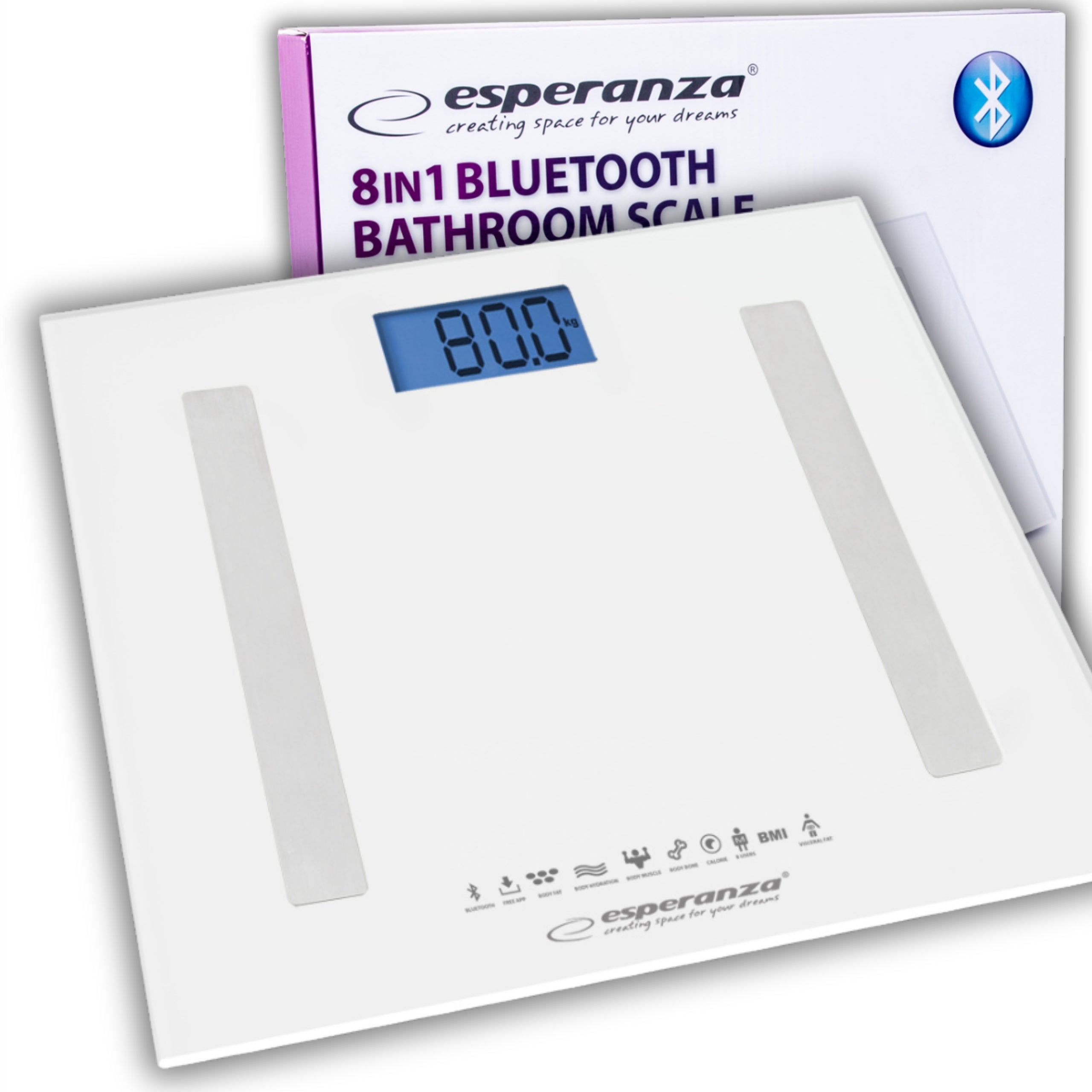 Bluetooth Analytical Bathroom Scale 8in1 180kg LCD Esperanza B.FIT White