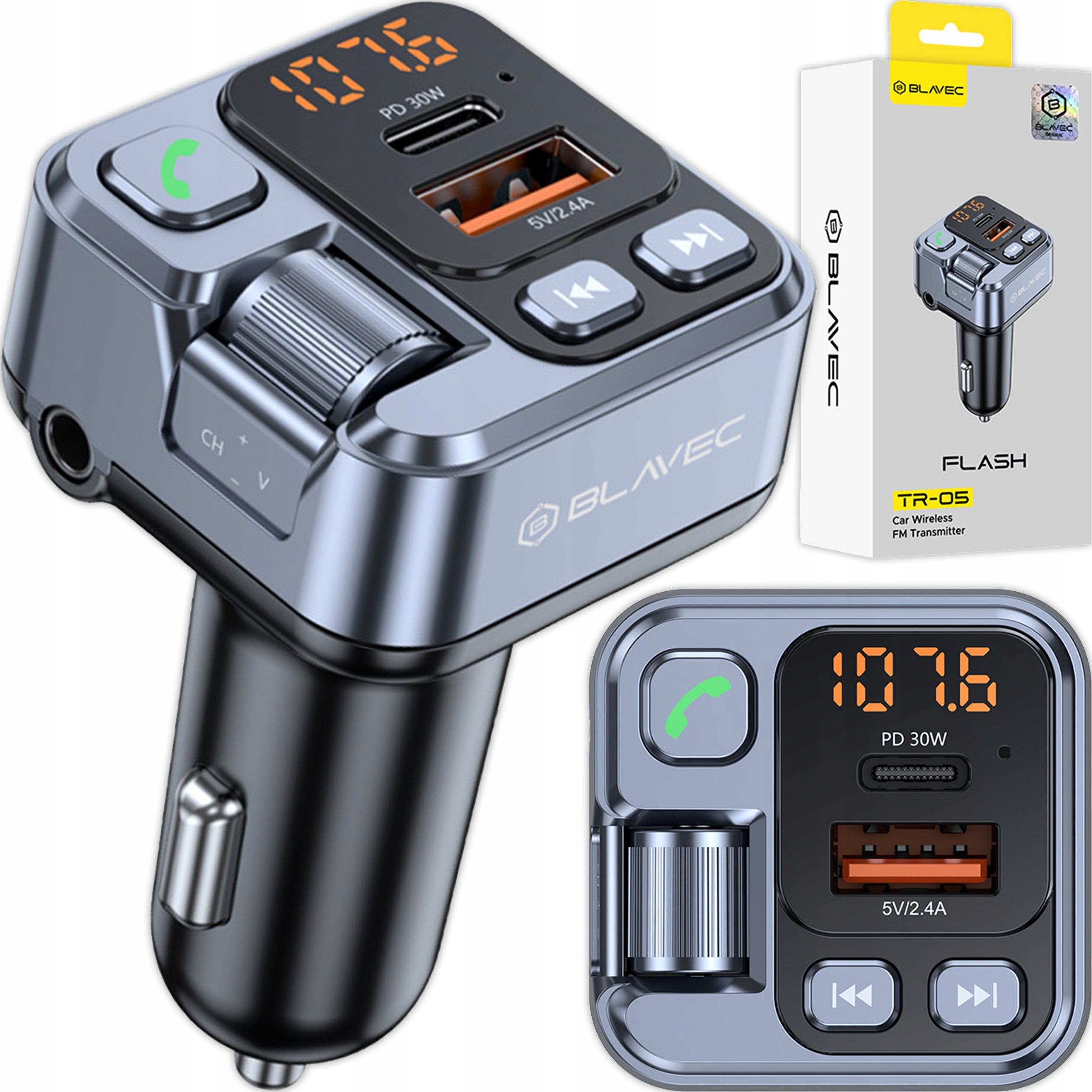 Bluetooth FM Transmitter Car MP3 AUX Charger USB-C PD 30W + USB-A