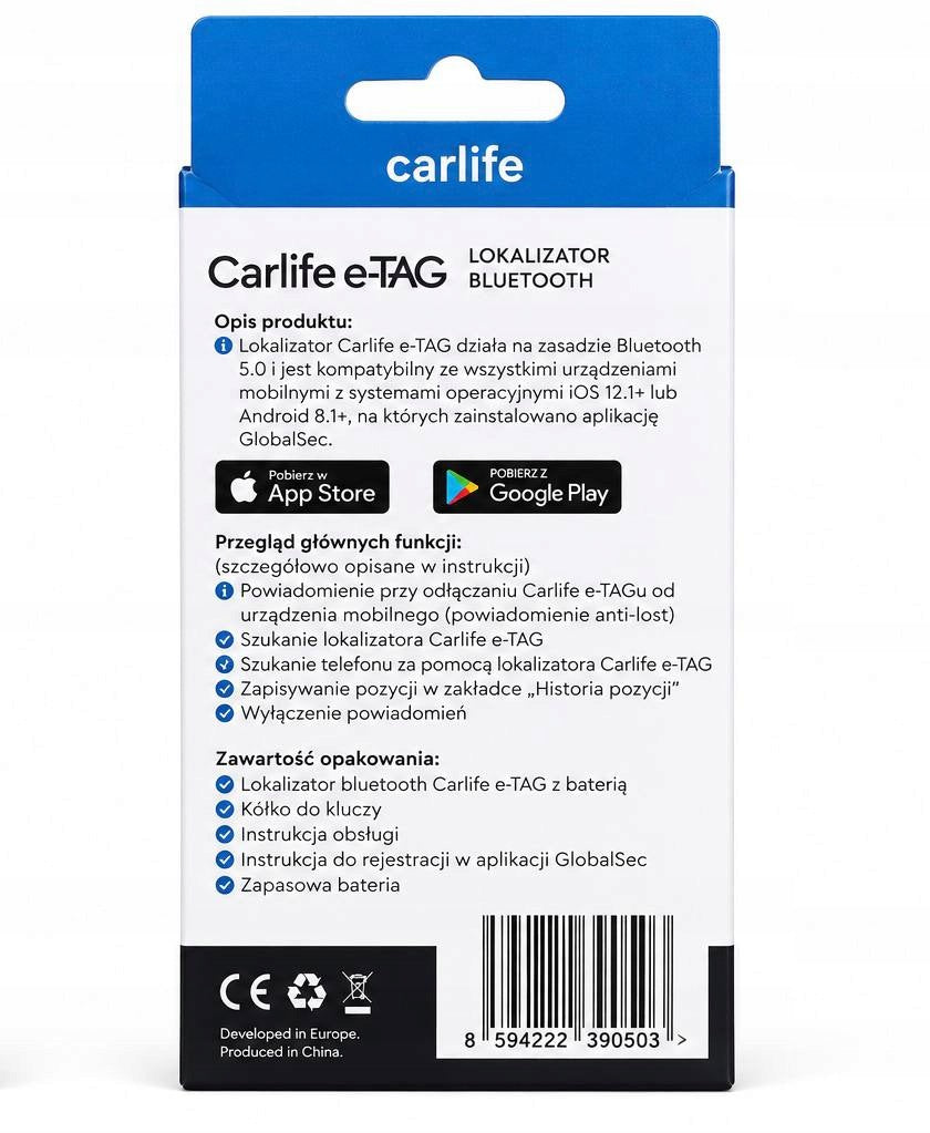 Bluetooth Locator Carlife e-TAG Keychain Phone iOS Android Manufacturer code 8594222390503