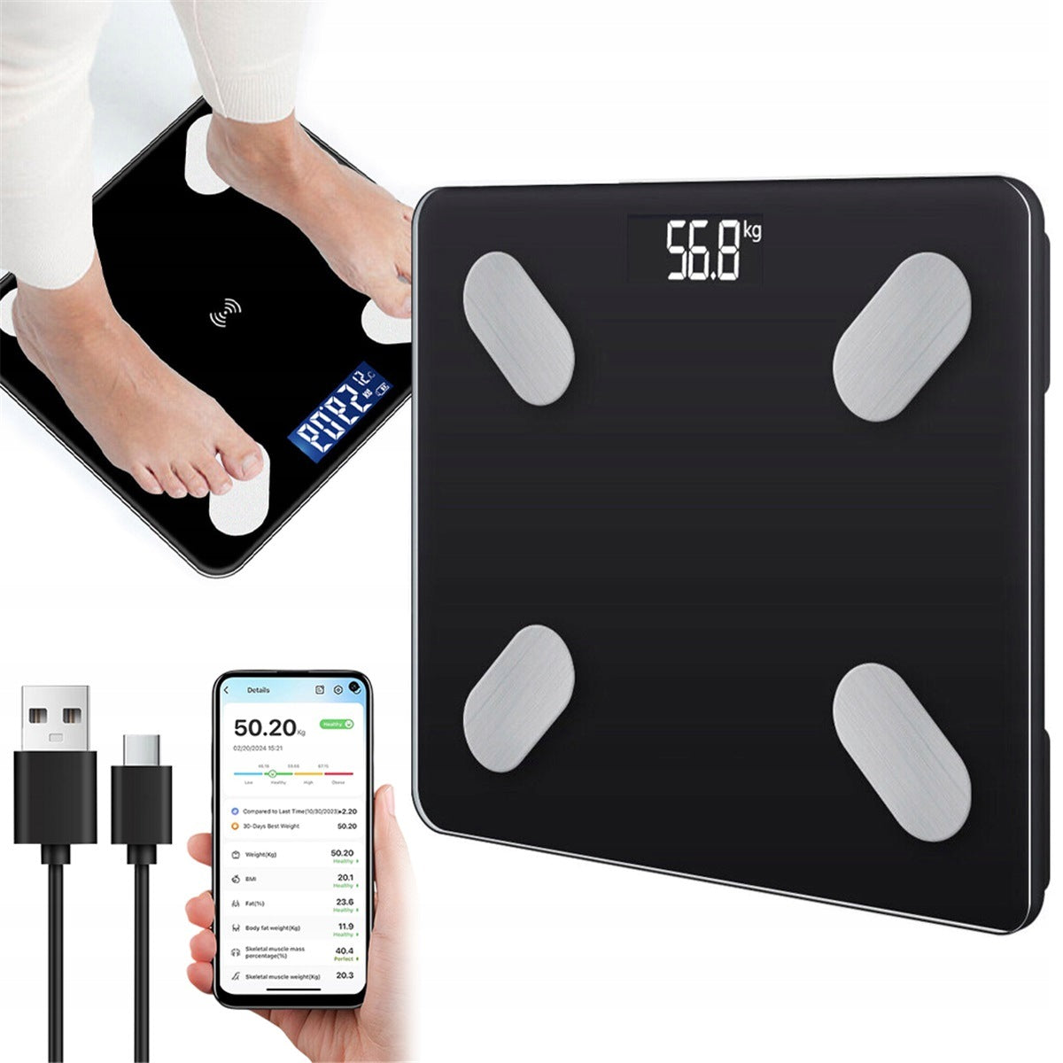 Bluetooth Smart Scale Body Analysis BMI Fat Muscle Water, Black