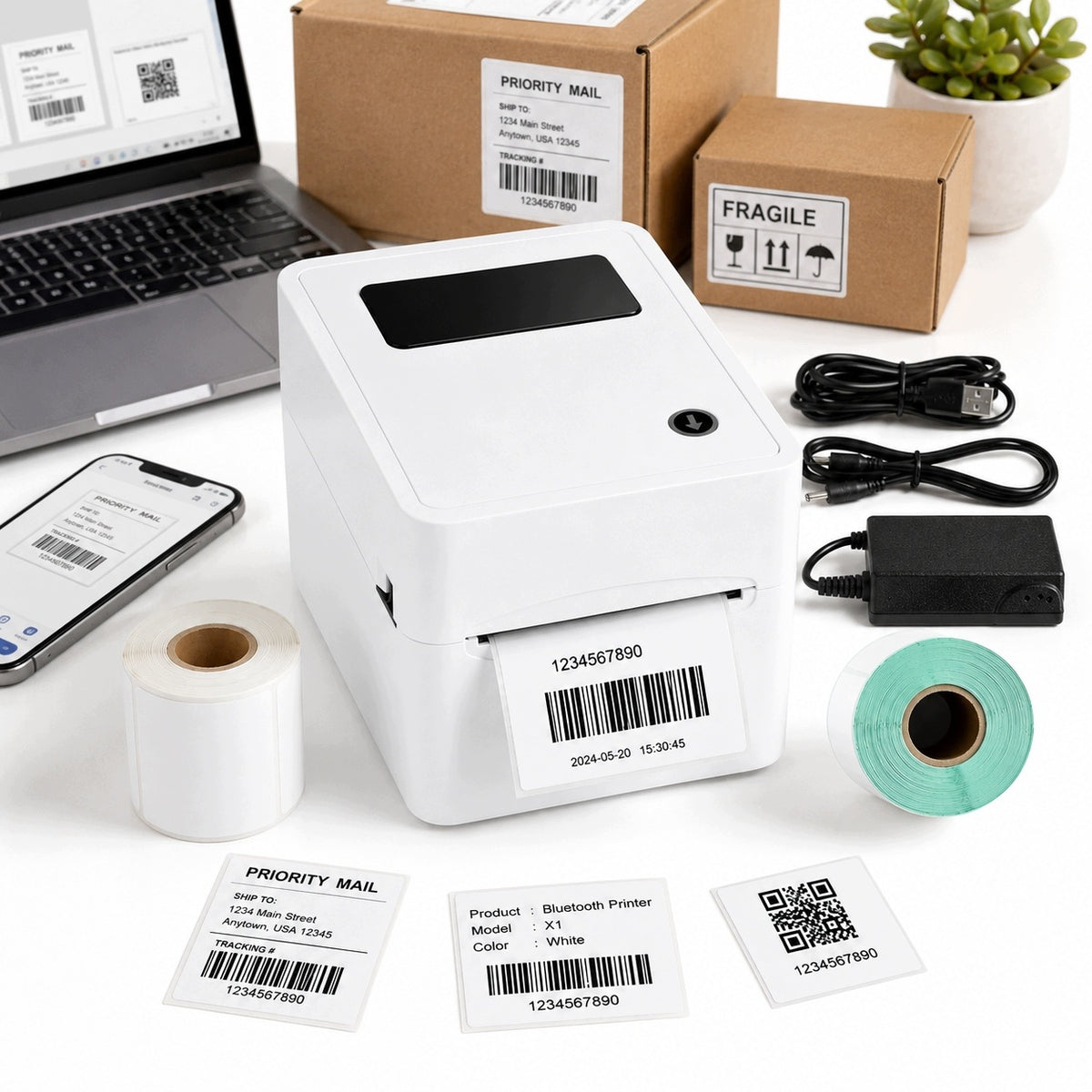 Bluetooth courier label thermal printer USB 203 DPI 4x6 + roll Packaging status original