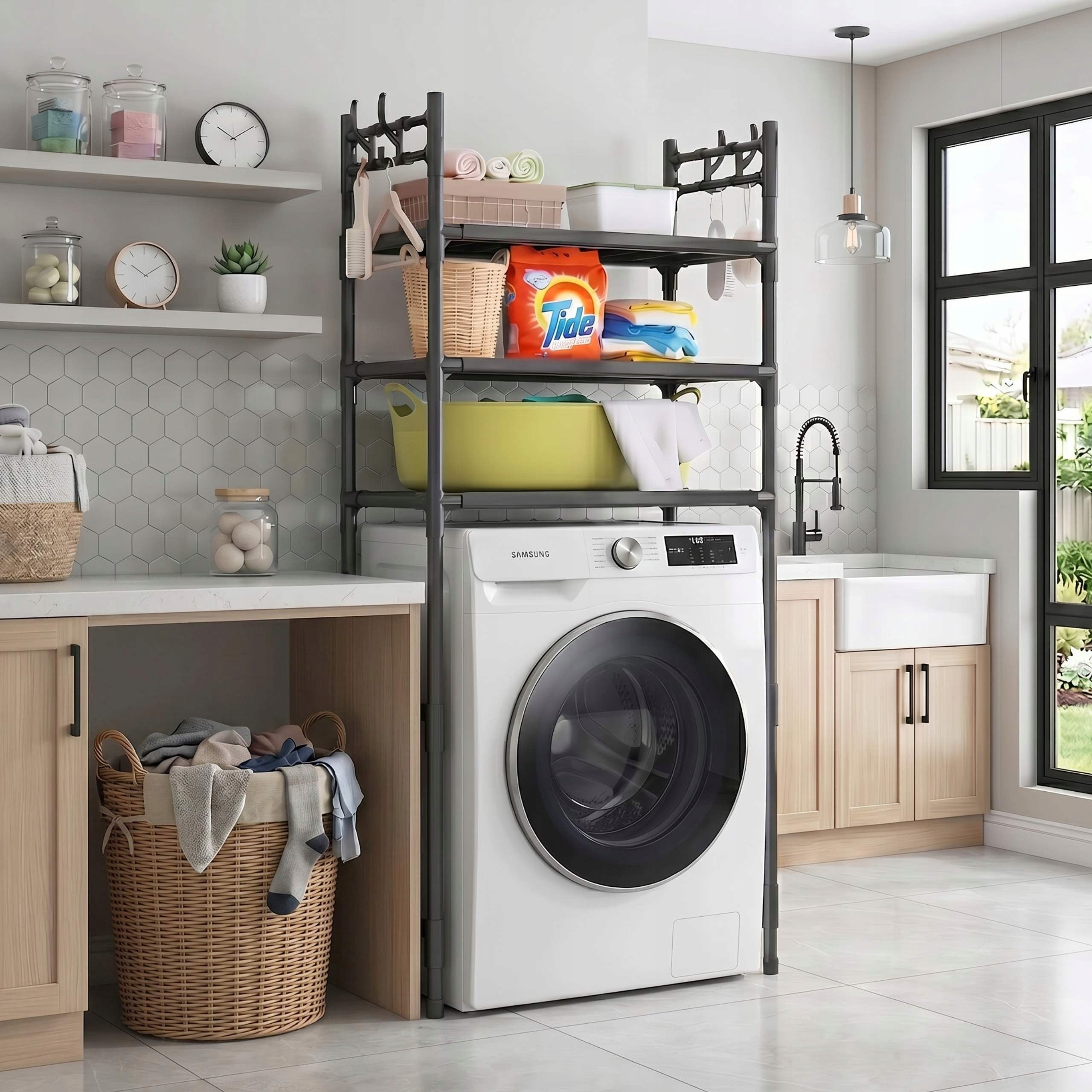 Bookcase Bathroom Cabinet Over Dressing Table Washing Machine LOFT Industrial Shelves 169 cm Furniture color black