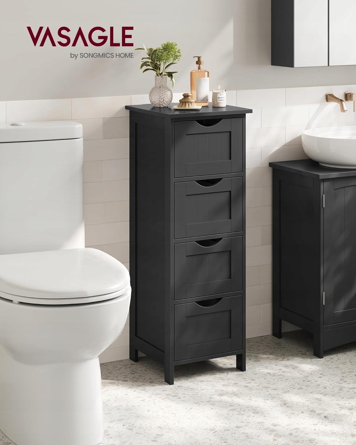 Bookcase Cabinet Shelf NARROW BLACK with Drawers for Living Room Bathroom Hallway Manufacturer code LHC040B01
