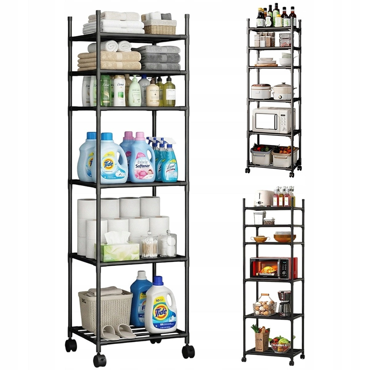 Bookcase On Wheels 6-Level Black Reinforced For Kitchen And Pantry Packaging status original