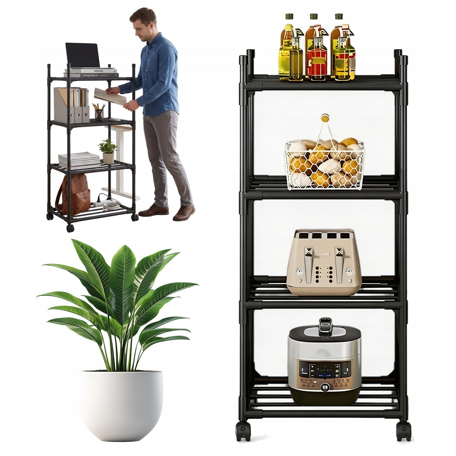 Bookcase On Wheels BEDEE 4 Layers 32x42x134cm For Microwave And Pots