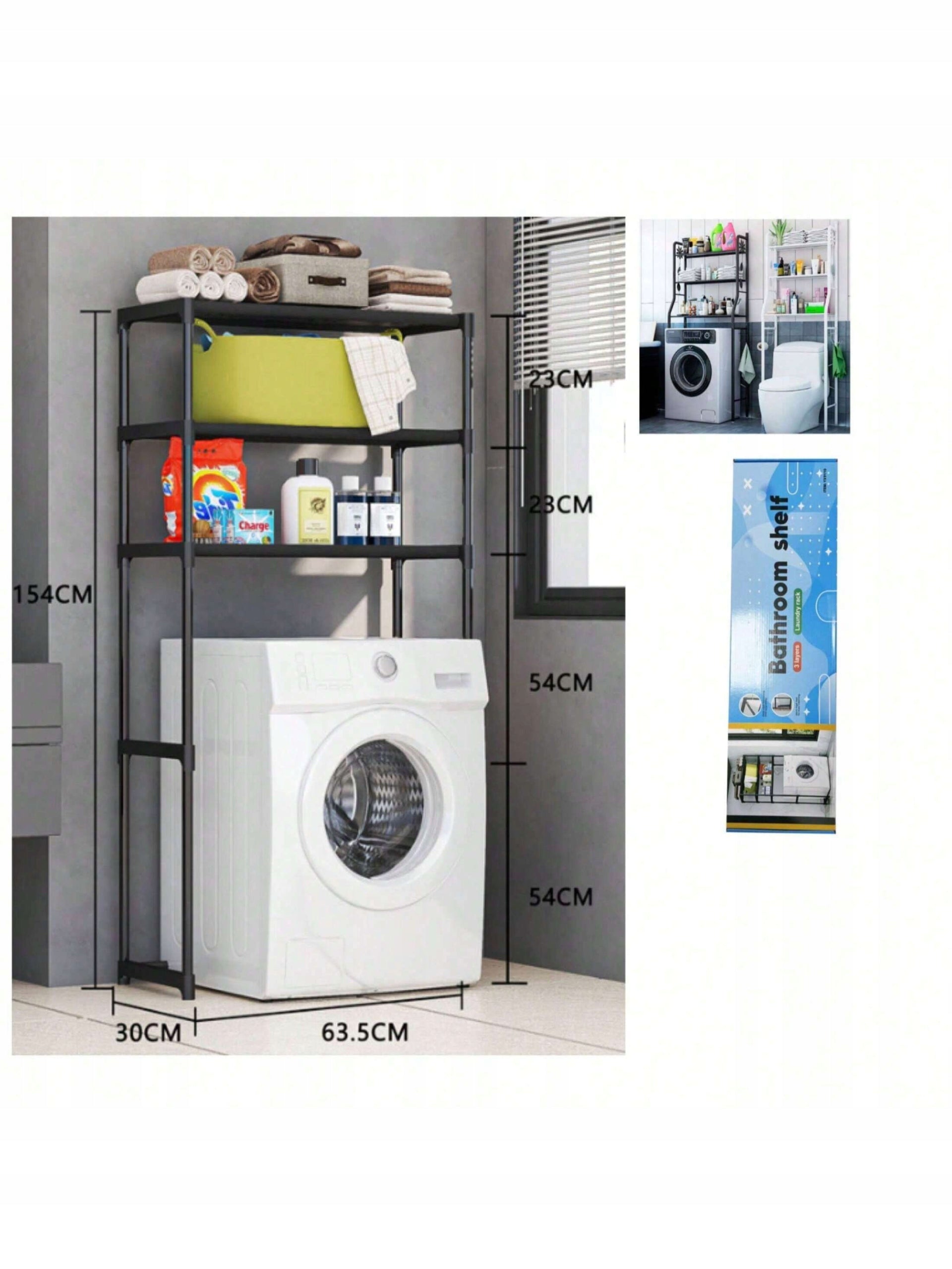 Bookcase Over Washing Machine Bathroom Shelf Organizer 3 Levels Black